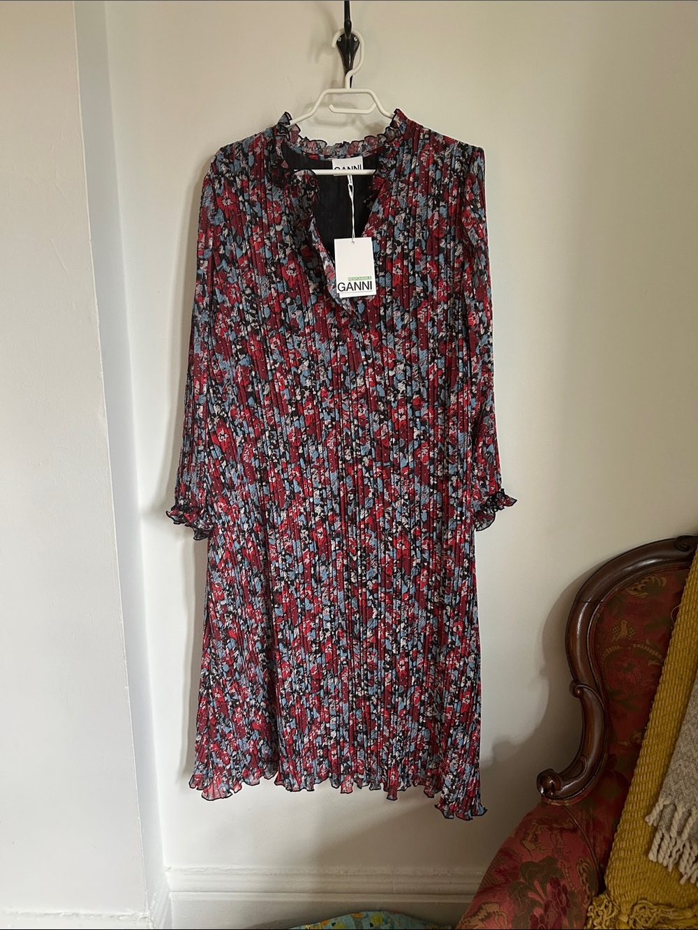 Ganni Red and Blue Floral Pleated Long-Sleeve Dress